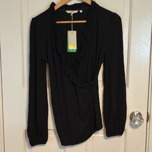 Boden Women's Faux Wrap Ruffle Top, Black, Size 6, Long Balloon Sleeves